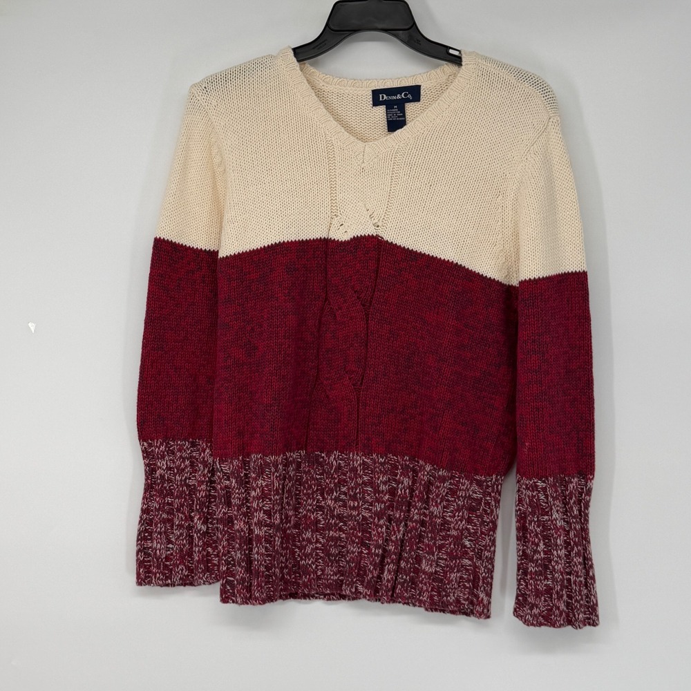 Denim & Co Womens Colorblock Cable Knit V-Neck Sweater Burgundy Cream Medium